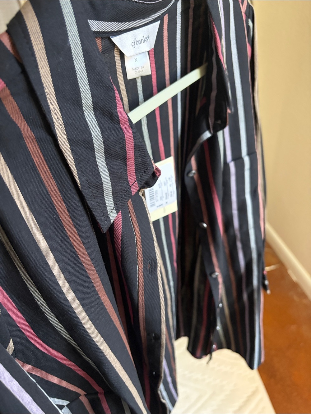 NWT CJ Banks Black Button-Down Shirt with Stripes 3/4 Sleeves Size 14 W